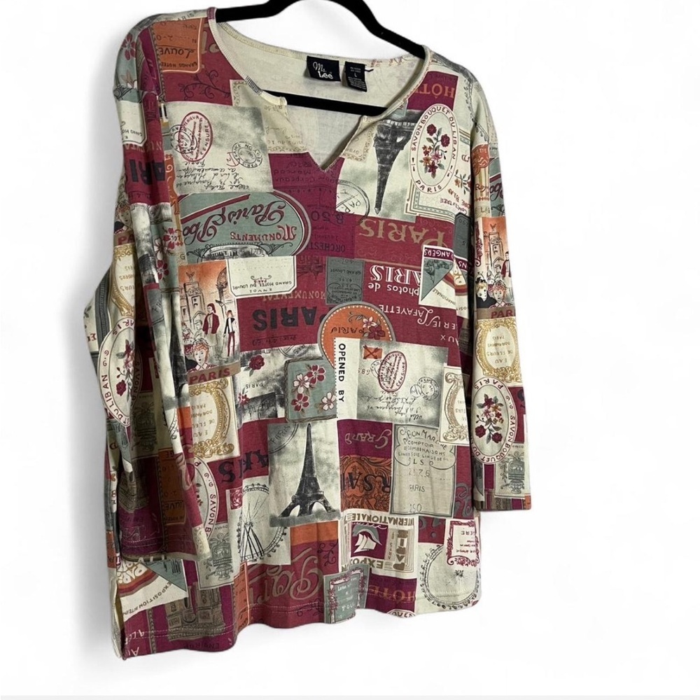 Ms. Lee Paris Print Patchwork Long Sleeve Shirt Size L Vintage Style - Picture 2 of 5